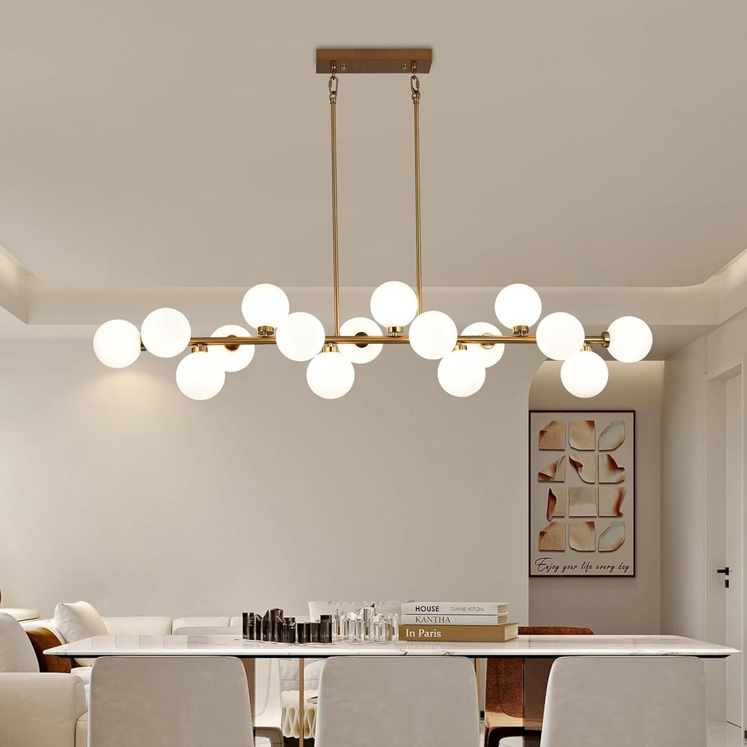 55" Gold Linear Chandelier, 16 Lights Modern Chandeliers for Dining Room, Modern Large Pendant Lights Kitchen Island with White Glass Lampshade, Bubble Chandelier for Kitchen Over Table - Gold