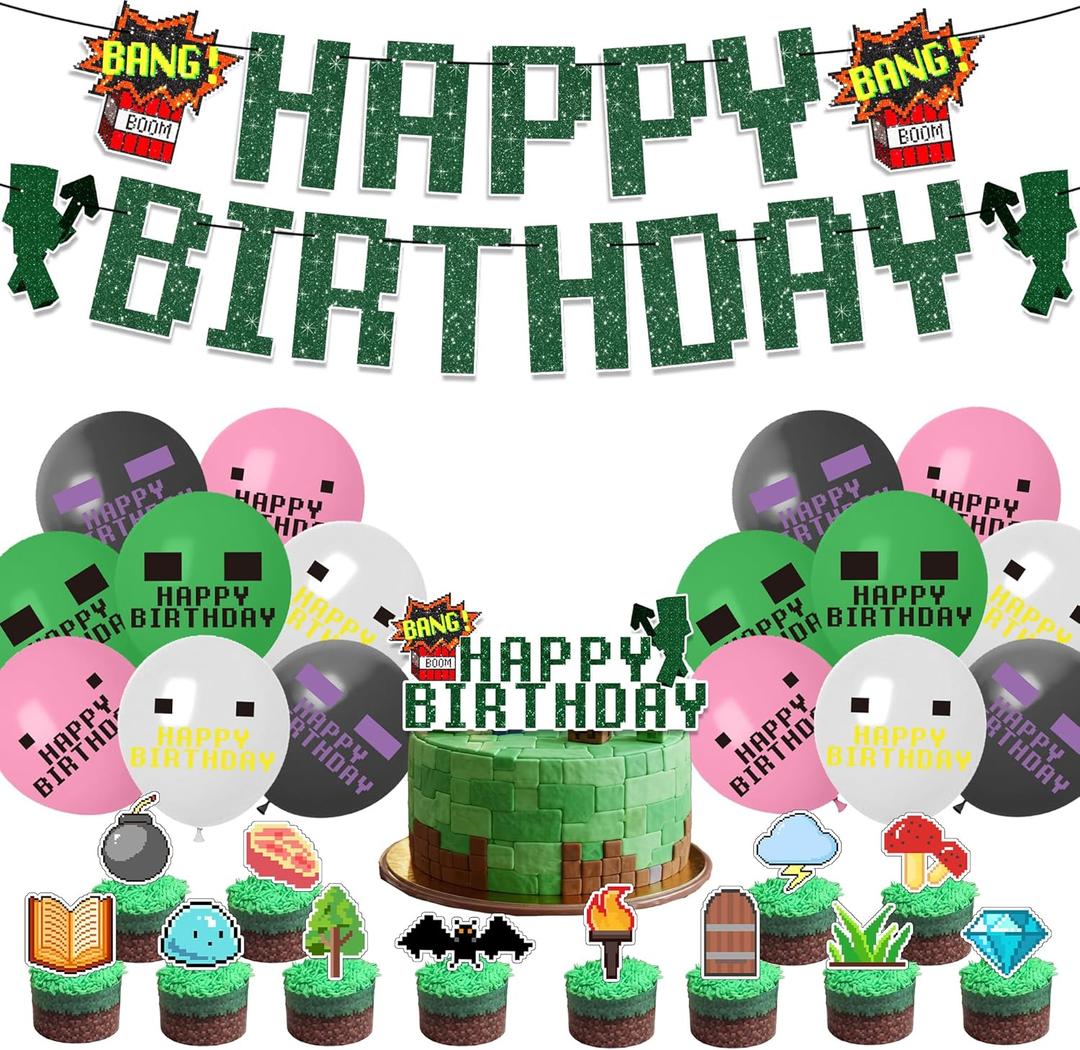Pixel Themed Birthday Party Decorations, Party Supplies Include Happy Birthday Banner, Balloons, Cake Toppers, Cupcake Toppers