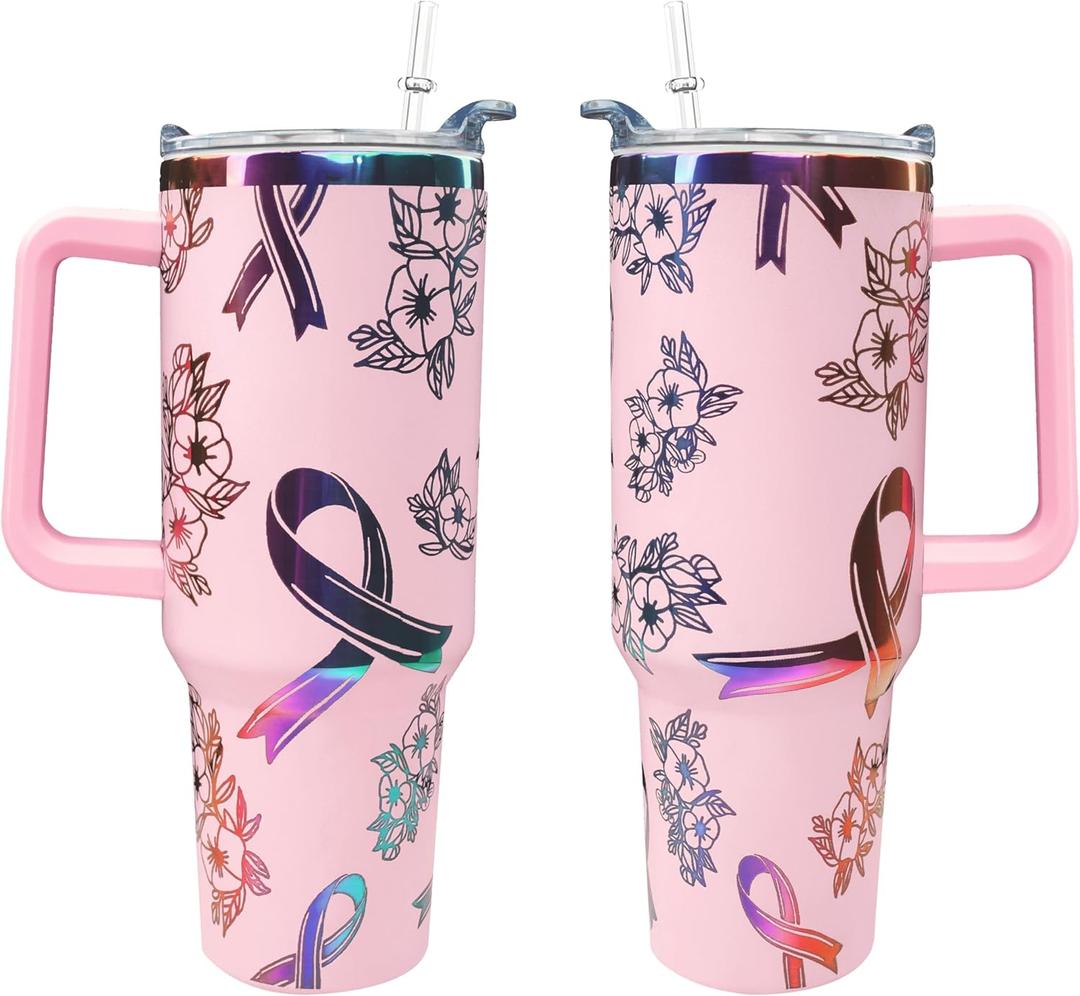 40 oz Breast Cancer Awareness Tumbler Gifts for Woman 40oz Laser Engraving Glitter Pink Ribbon Tumbler with Lid Straw Double Insulated Stainless Steel Insulated Cup