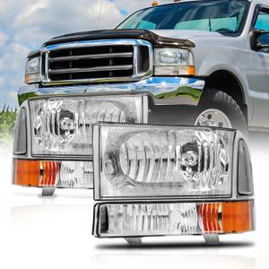 Headlights Assembly for 1999 2000 2001 2002 2003 2004 Ford F250 F350 F450 F550 Super Duty / 00 01 02 03 04 Ford Excursion Sets Headlamp with Bumper Lamps Chrome Housing (OE Replacement, Clear+ Chrome+ AMBER)
