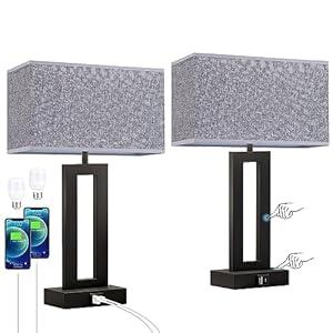 Seealle Nightstand Table Lamps for Bedrooms Set of 2 - Touch Bedside Lamp with USB C+A, 3 Way Dimmable Living Room End Tables 2, Modern Night Stand Bed Side Guest Room(Grey) B. Grey (Medium(19.6in))