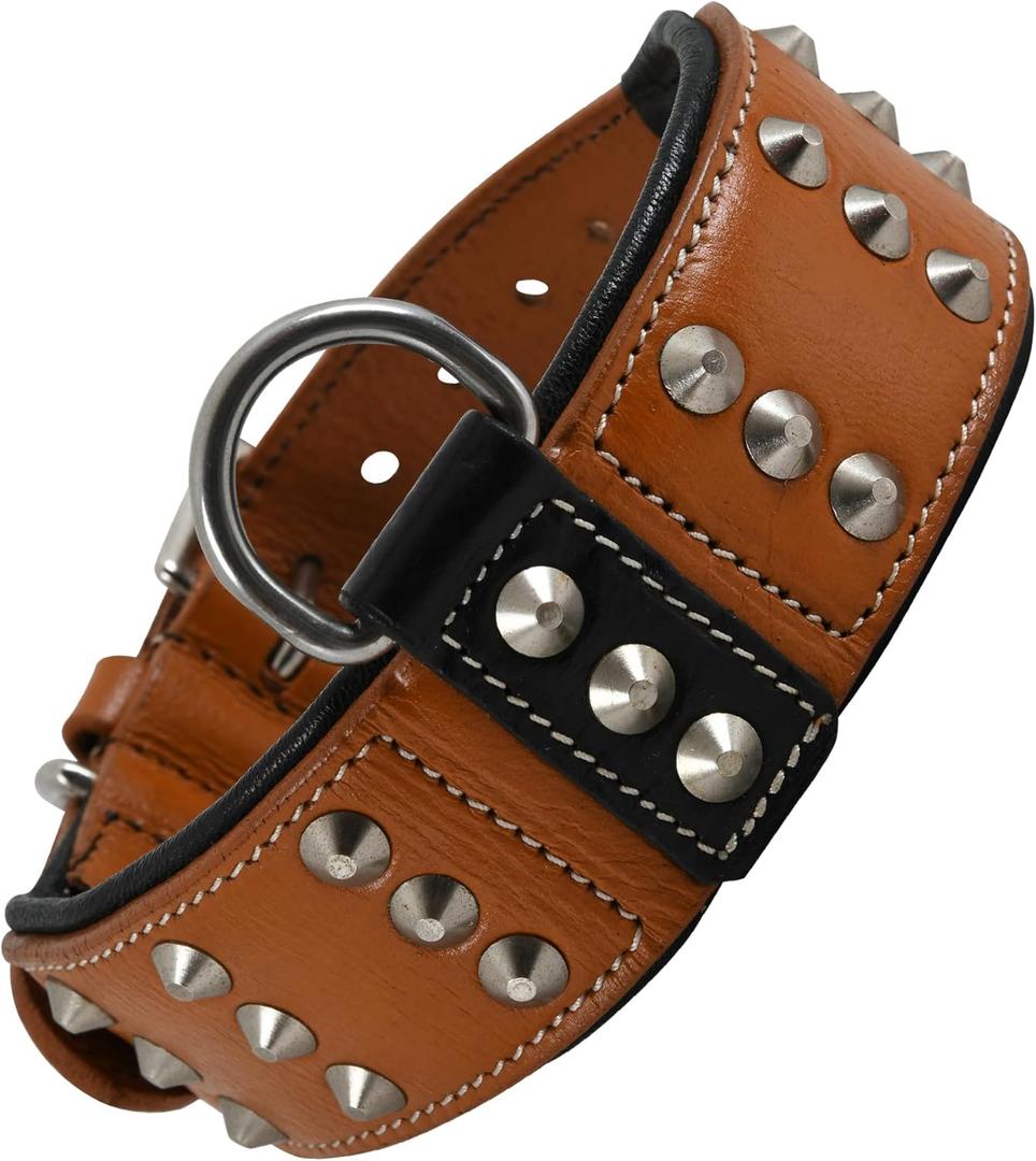 Premium Leather Studded Collar for Medium Dogs | Brazier Rivet | 2 Inch Wide Brown Dog Collar | Saddle Grade, Heavy Duty, Cushion Padding | (M (Fit Neck Size 14.5"-18.5"), Brown) (Tan)