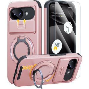JAME for Google Pixel 10A Case, Ring Holder Stand Kickstand, Slide Camera Cover with Screen Protector, Dual-Layer Shockproof Protective, Magnetic Accessory Friendly Google Pixel 10a Phone Case, Pink