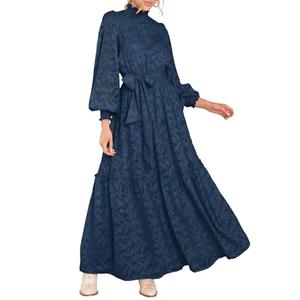 MITILLY Women's Fall Dresses Elegant Floral High Neck Long Sleeve Elastic Waist Formal Maxi Dress with Belt X-Large Dark Blue