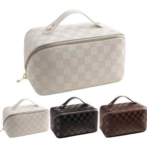 BIVIZKU Large Capacity Brown Checkered Makeup Bags Portable Travel Cosmetic Bags Open-Flat Toiletry Bag for Women Girls Make Up Organizer with Divider Pouch Zipper Bag (white-checkered)