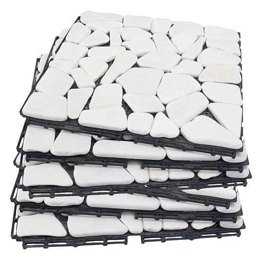 Decking Natural Pebble Interlocking Floor Patio Tiles, Indoor & Outdoor Interlocking Tiles 12"x12" 6pcs - A Great Upgrade Option for Garden Patio Path (White)
