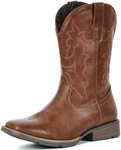 IUV Cowboy Boots For Men Square Toe Western Boot Durable Retro Classic Embroidered Pull On Boot Slip Resistant Country Boots Size 11