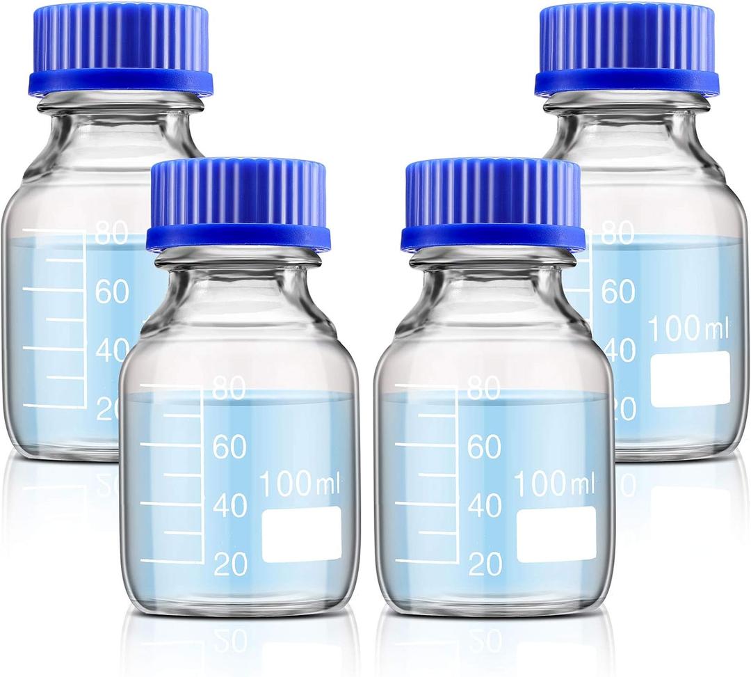 Patelai 4 Pieces Glass Round Media Storage Glass Bottles Borosilicate Media Bottles with GL45 Blue Screw Cap for Lab Water Reagent Liquids(100 ml)