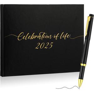 Memorial Funeral Guest Book 2025 with Pen Celebration of Life Sign in Book 10 x 8 in 120 Pages for 400 Guests Elegant Black Leather Funeral Service Party Supply in Loving Memory