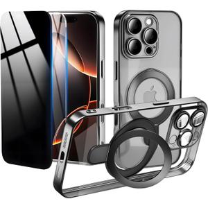 Privacy Case for iPhone 16 Pro Max with Magnetic Stand 1 HD & 1 Privacy Screen Protector, Full Camera Lens Protector Fits for MagSafe Shockproof Not Yellowing Luxury Plating Edge Clear Kickstand Case (Black)