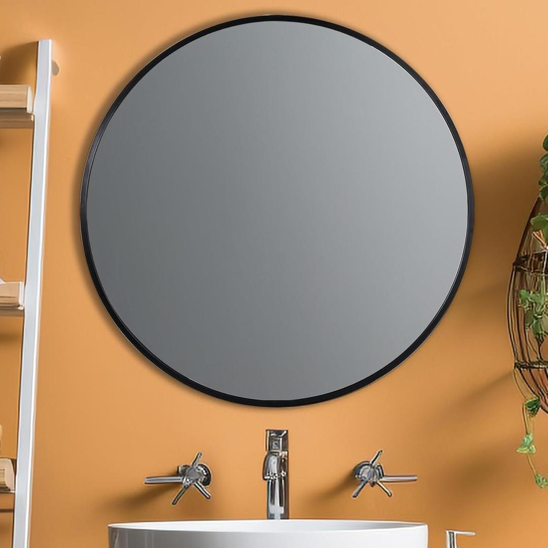 Black Round Mirror, 30 Inch Round Wall Mirror with Metal Frame, Black Circle Mirror for Bathroom, Vanity, Bedroom, Living Room, Entrance