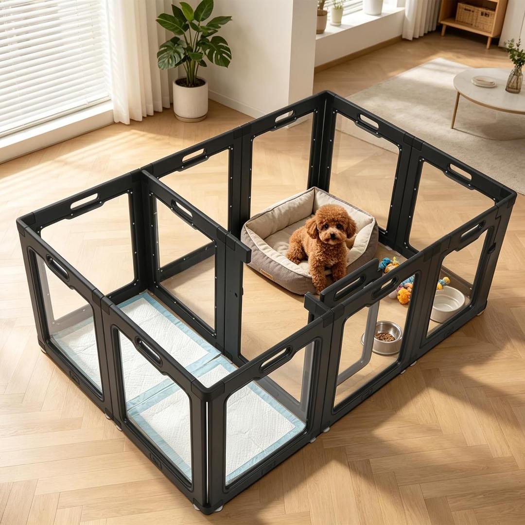 24" H Clear Acrylic Dog Playpen,12-Panel Modern Black Indoor Pet Fence