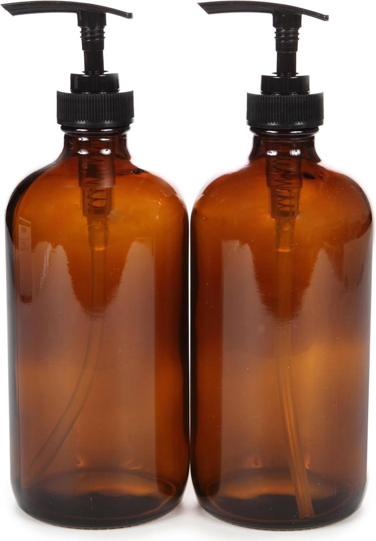 2, Large, 16 oz, Empty, Amber Glass Bottles with Black Lotion Pumps
