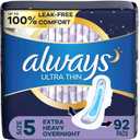 Always Ultra Thin Feminine Pads for Women, Size 5, Extra Heavy, Overnight Absorbency with Wings, 46 Count x 2 Packs (92 Count Total)