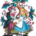 Cute Alice and Hatter Adventure World Mad Hatter Cheshire Cat Alice in Wonderland Adventurous Creative Minimalist Cartoon Girls Boys Kid Room Design Nursery Fun Home Vinyl Decoration Size (18x20 inch)