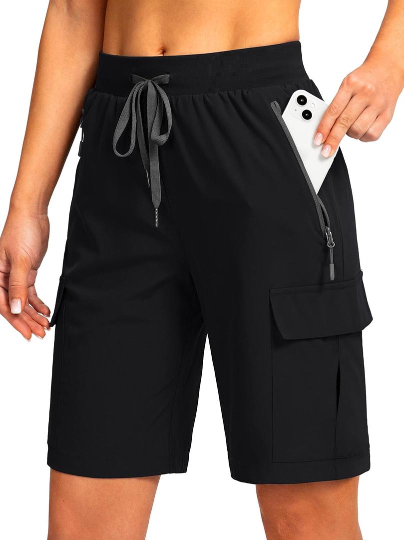 Soothfeel Women's 9" Hiking Cargo Shorts with 5 Pockets Quick Dry Summer Athletic Golf Bermuda Long Shorts for Women Casual (Black, S)