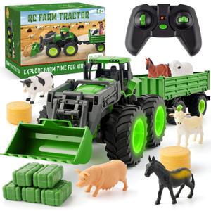 Remote Control Tractor Toy Set with Trailer & Farm Accessories, Light Up Farm Truck Toys for Boys & Girls 3, 4, 5, 6, 7 Year Old, 2.4 Ghz RC Tractor Toys, Ideal Christmas, Birthday Gifts for Kids