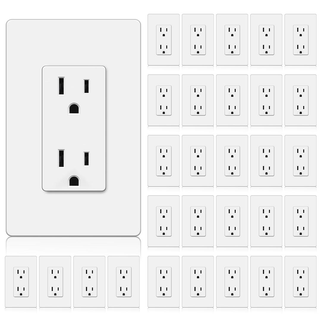 BESTTEN 30 Pack 15 Amp Decorator Receptacle Outlet, Standard Electrical Wall Outlet, Decor Screwless Wallplate Included, 15A/125V/1875W, Residential and Commercial Use, UL Listed, White