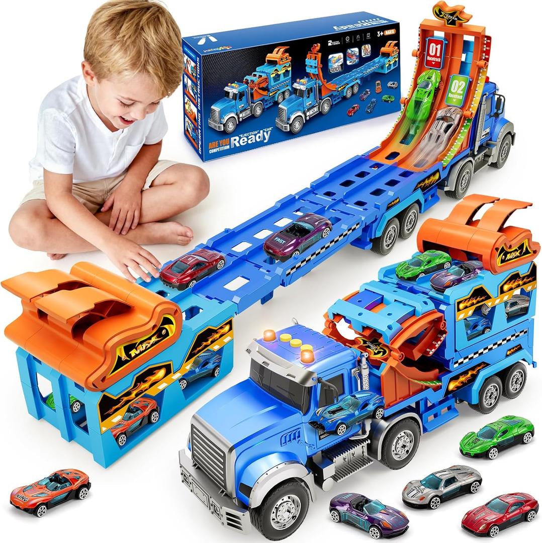 Kids Toys for 3 4 5 6 7 8 Years Old Boys, Carrier Truck Transport Car with Lights Sounds, Christmas Birthday Gift for Toddler, Foldable Layer Car Race Track Playset with Race Track, 6 Metal Toy Cars (Blue)