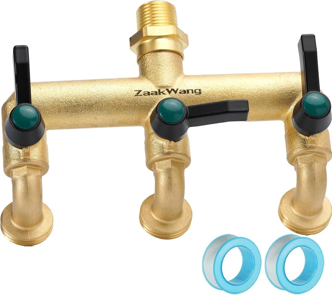 3-Way Garden Faucet, Outdoor Wall Mount Garden Faucet, 3/4-inch Male NPT Inlet and Three 3/4-inch Male GHT Outlets with Comfort Extended Handle On/Off Valve