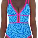 Popvil Women One Piece Swimsuit 2026 Tummy Control Sexy Cutout Neon Color Block Bathing Suit Slimming Adjustable Swimwear L