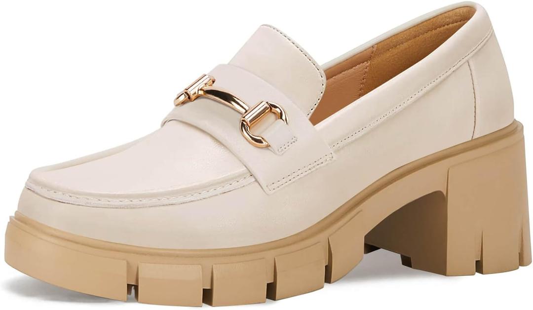 Coutgo Womens Chunky Platform Lug Sole Loafers Mid Heel Square Toe Dress Walking Work Shoes with Buckle Chain (6, Beige)