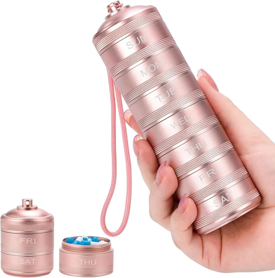 Travel Pill Organizer 7 Day - Waterproof Metal Weekly Pill Box Daily Pill Case with 7 Compartments, Pill Container for Vitamin Medicine Supplements Fish Oil, Pink Daily Pill Organizer