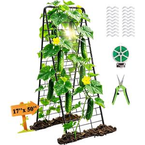 50"x17" A-Frame Cucumber Trellis for Raised Bed, Heavy Duty All-Metal Support for Climbing Plants, Cucumbers, Tomatoes & Beans, Easy Assembly, with Bonus Shears & Accessories, 1 Pack, Black, YOBAZAN