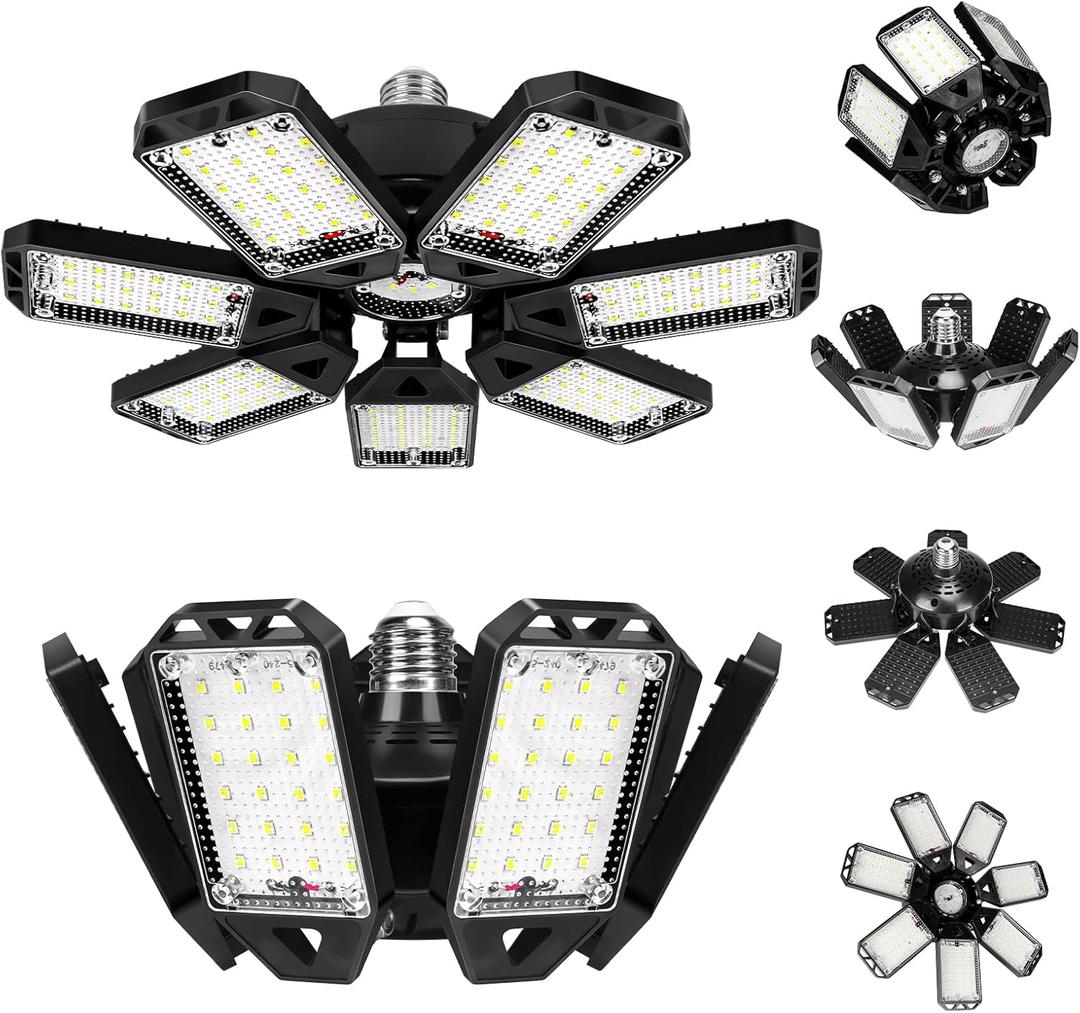 Aoretic LED Garage Lights Bulb 2 Pack 200W 20000LM 6500K Led Shop Light with 7 Plus 1 Deformable Panels Basement Barn Ceiling Lights for E26/E27