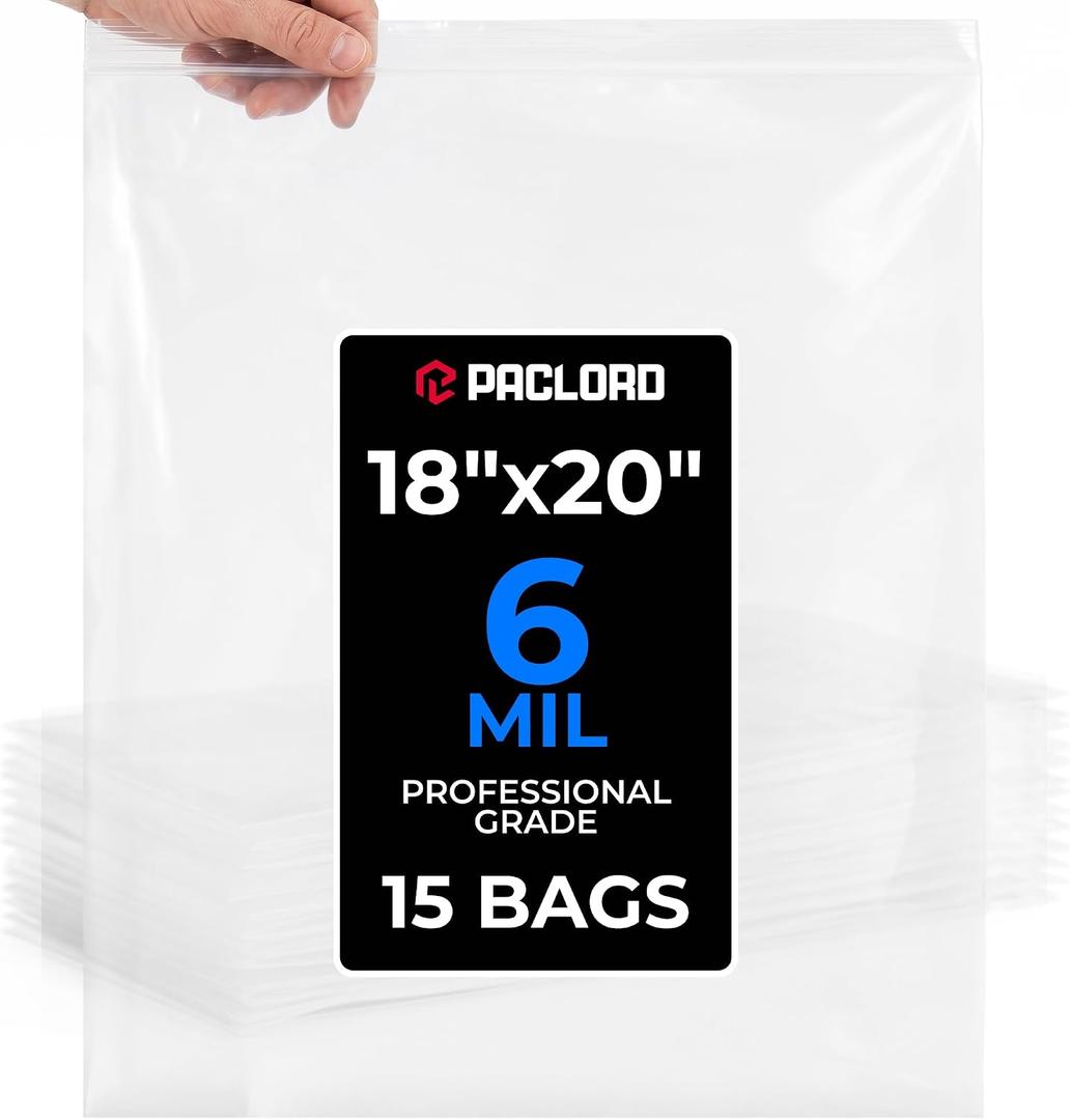 18" x 20" Extra Large Reclosable Plastic Zip Bags, 15 Count | 6 Mil Heavy-Duty Clear Poly Bags, Resealable for Food, Clothes, Hardware, Home & Garage Storage