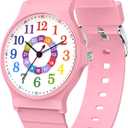 Kids Analog Watch Boys Girls, 30M Waterproof, Sports Watch for Boys, Easy to Read Children's Thin Dial Wrist Watches with Soft Band, for Ages 5-15 Kids Great Birthday Gifts Christmas Day Pink Colorful Dial