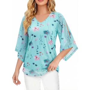 Blouse for Women Dressy Casual Summer Chiffon 3/4 Sleeve Tops Business Work Shirts Double Layered Tunic Evening Party (Large, Light Blue Floral)