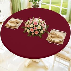 Moosfor Round Spandex Tablecloth, Elastic Fitted Waterproof Tablecloths for 36"-44" Tables, Stretch Washable Picnic Table Cover for Camping, Dining, Indoor and Outdoor, Wine Red
