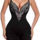 Slimers Sexy Lace Shapewear Bodysuit - V-Neck Low Back Body Shaper : Women Tummy Control with Underwire Shapewear Bodysuit Size L