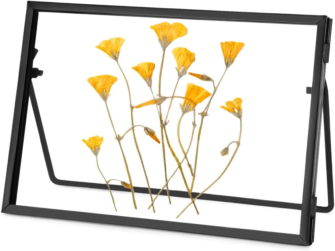 REDHUGO Glass Pressed Flower Frame Handmade, Glass Floating Picture Frames Tabletop Brass Photo Frame for DIY Dried Flowers Home Plant Specimen, Rectangle Horizontal 46 inches,Black (FRAME ONLY) (6L" x 4W")