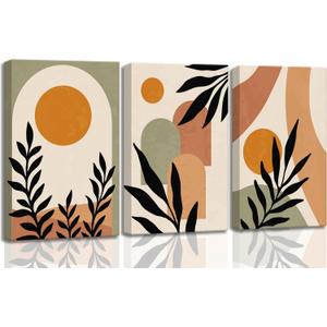 3 Pcs Mid Century Modern Boho Sun Canvas Wall Art Neutral Abstract Minimalism Bohemian Mountains Plants Pictures Wall Decor Posters Prints Artwork for Bedroom Living Room Home Decoration, 16x24in-Canvas
