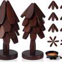 Wonderjune Tree Coasters Set of 8, Wooden Trivets for Hot Dishes, 2 Sizes Foldable Tree Shaped Trivets with 2 Stands, Decorative Kitchen Table Pad Mat Decor for Hot Pots, Pans, Cups(Walnut Wood)