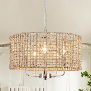 18.9'' Hand Woven Rattan Chandelier, 5-Light Brushed Nickel Chandelier Rattan Pendant Light Fixture, Boho Wicker Farmhouse Chandeliers for Dining Room Bedroom Living Room Foyer