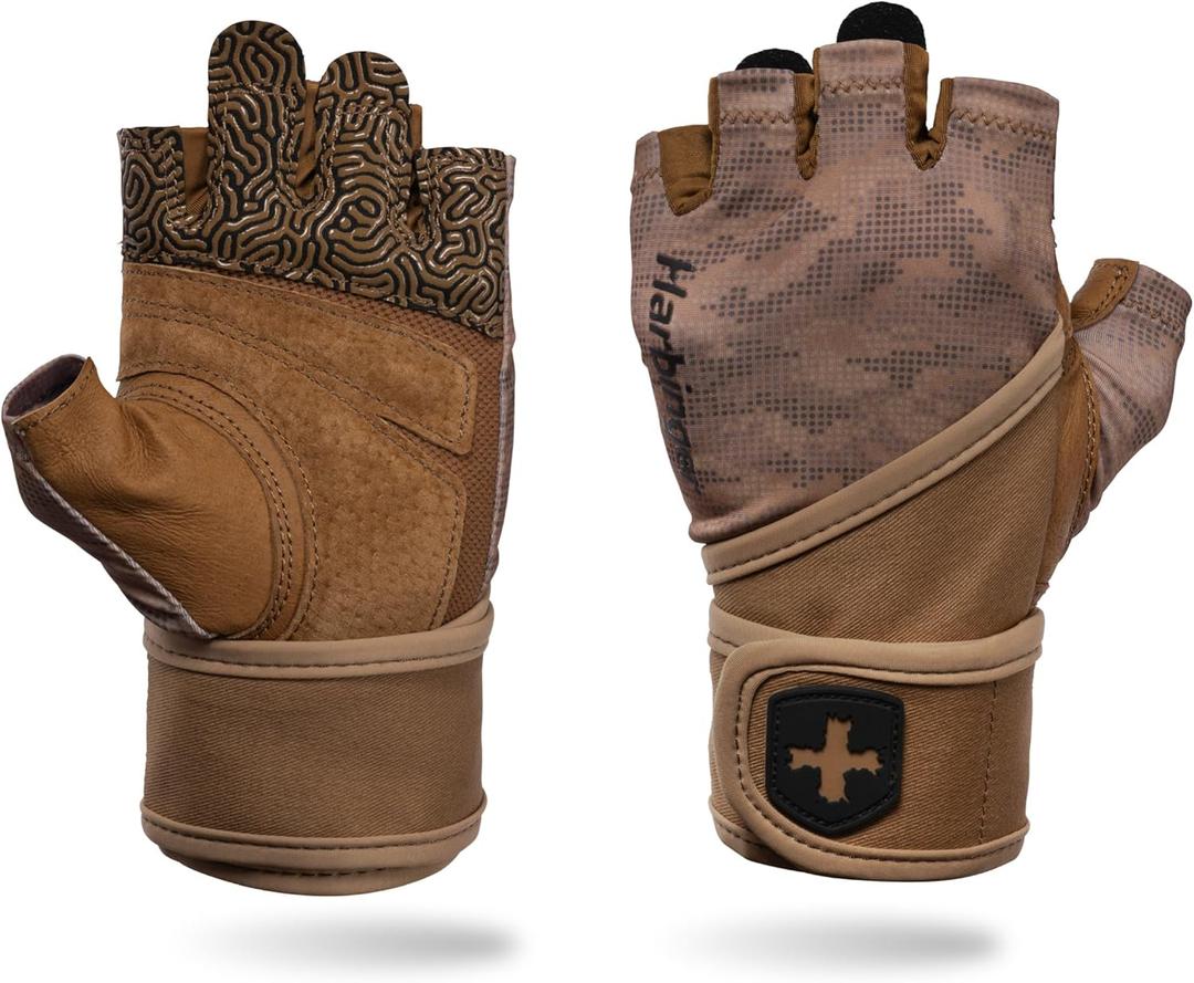 Harbinger Pro Wristwrap Gloves 3.0 - Enhanced Grip, Superior Wrist Support, Breathable 4-Way Stretch Lycra, Durable Leather Palm, Half-Finger Design for Weightlifting, Fitness Training, Women's (Medium, Tan Camo)
