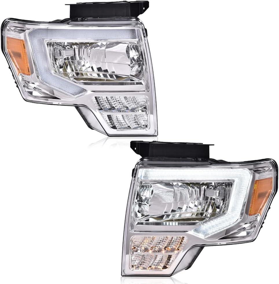 LQI LED DRL Headlight Assembly Compatible with Ford F150 2009-2014 Headlamps Driver & Passenger Side Clear lens Chrome Housing Amber Reflector FO2503289 DL3Z13008EC