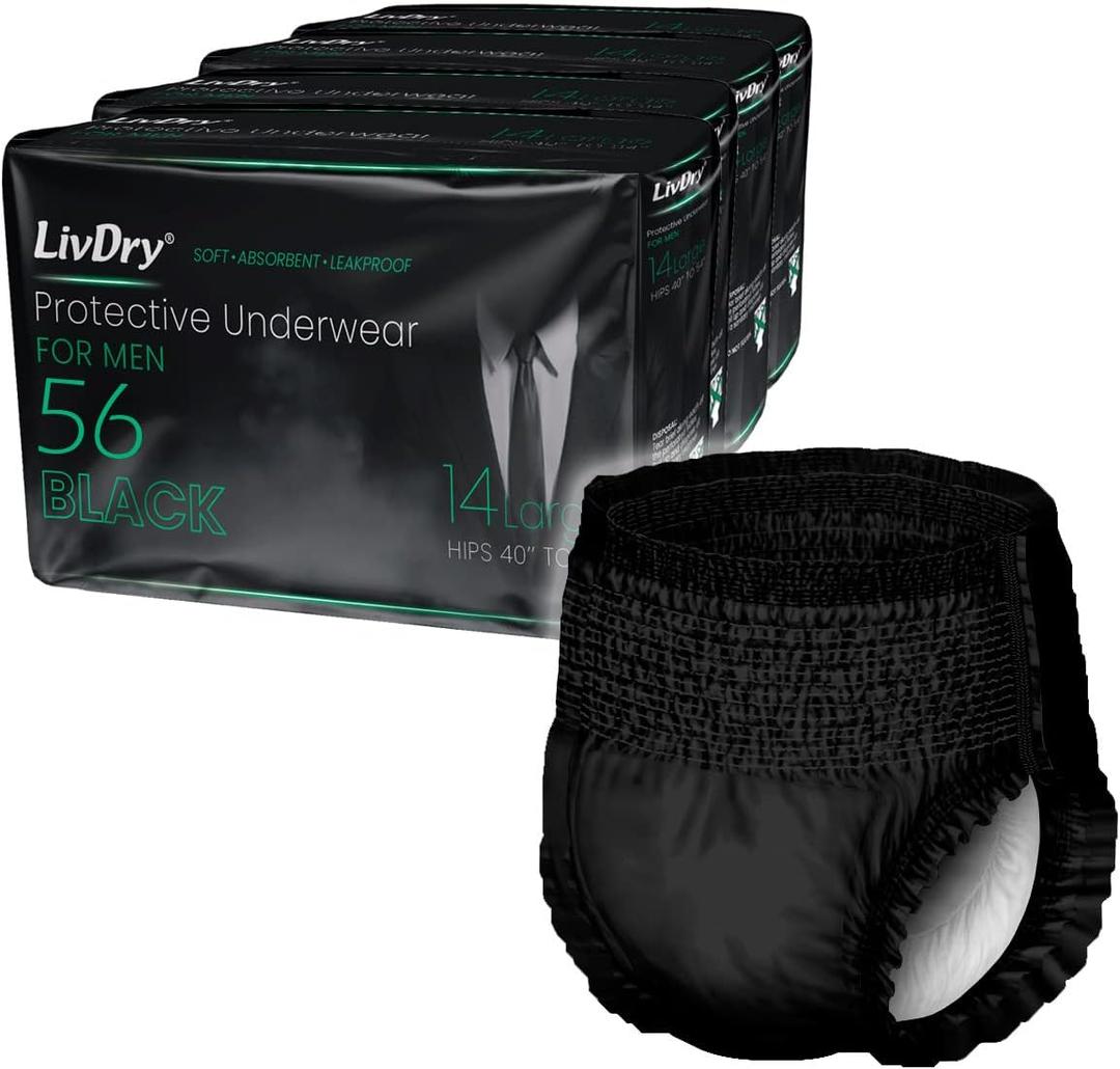 LivDry Mens Incontinence Underwear, Premium Adult Diapers for Men, Ultimate Max Protection, Large 56-Pack