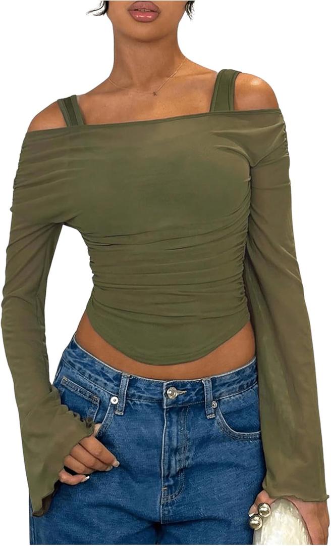 SweatyRocks Women's Cold Shoulder Crop T Shirt Long Sleeve Mesh Sheer Cut Out Ruched Fitted Tops (Green), L