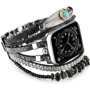 Boho Leather Bracelet Compatible with Apple Watch Band 38mm 40mm 41mm 42mm 44mm 45mm 46mm 49mm for Women Men, Western Dressy Stone Retro Wristband Strap for iWatch Band Series 11 10 9 8 7 6 5 4 3 2 1 Ultra 3 SE3