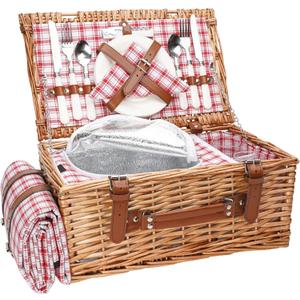 Wicker Picnic Basket Set for 2 Persons with Waterproof Picnic Blanket and Large Insulated Cooler Compartment, Willow Picnic Hamper Basket with Cutlery Service Kits for Camping, Wedding (Red)