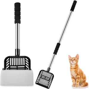 Hortsun 32 Inch Cat Litter Scooper Metal Long Handle with Cat Litter Scoop Holder Deep Kitty Sifter Shovel Detachable Stainless Steel Poop Sifter Scooper Caddy Kitty with Box(Black)