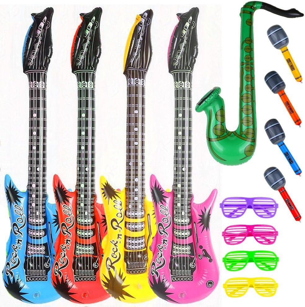 Party Inflatable Rock Star Toy Set,13 Pack, 4 Designs Inflatable Toy Set,4 Electric Guitar,4 Microphones ,4 Shutter Shading Glasses and 1 Saxophone,for Concert Theme Party Favors