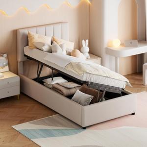 Bellemave Twin Size Lift Up Storage Bed,Upholstered Platform Bed with Hydraulic Storage System,Vertical Stripe Headboard,Beige