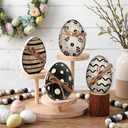 Leinuosen 4 Pcs Easter Table Decoration Wooden Egg Decor Vintage Egg Table Centerpiece with Bow Rustic Eggs Block Signs Farmhouse Easter Decor for Home, Kitchen, Dining Room, Tiered Tray Party Favors