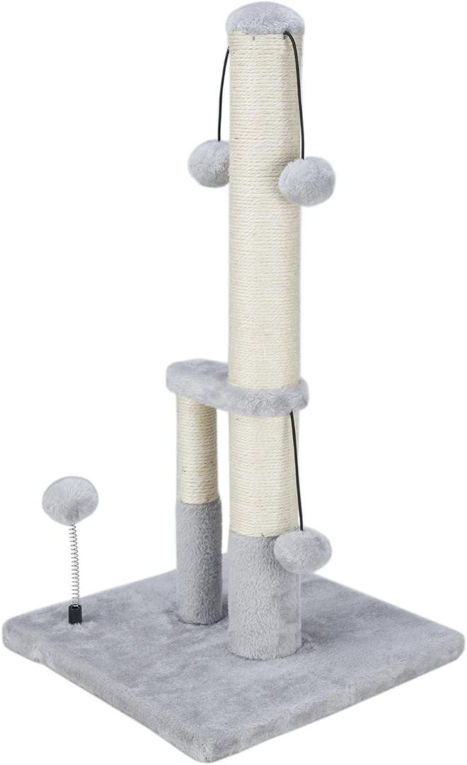 Dimaka Tall Cat Scratching Post, Double Lower Posts Extra Stable Cat Post Tree Scratcher with Sisal Rope and Teasing 4 Balls Total Large Base (Grey)