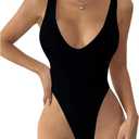 OYOANGLE Women's V Neck Ribbed Knit Tank Bodysuit Top Low Cut Fitted Bodysuits Leotard (Medium, Black)
